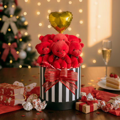 Premium Silindir Hediye Kutusunda, Kalpli Balonlu 6’lı Kırmızı Ayıcık Buketi