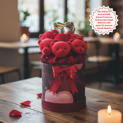 Premium Özel Kalpli Kutuda Balonlu LED Işıklı 6’lı Kırmızı Ayıcık Buketi