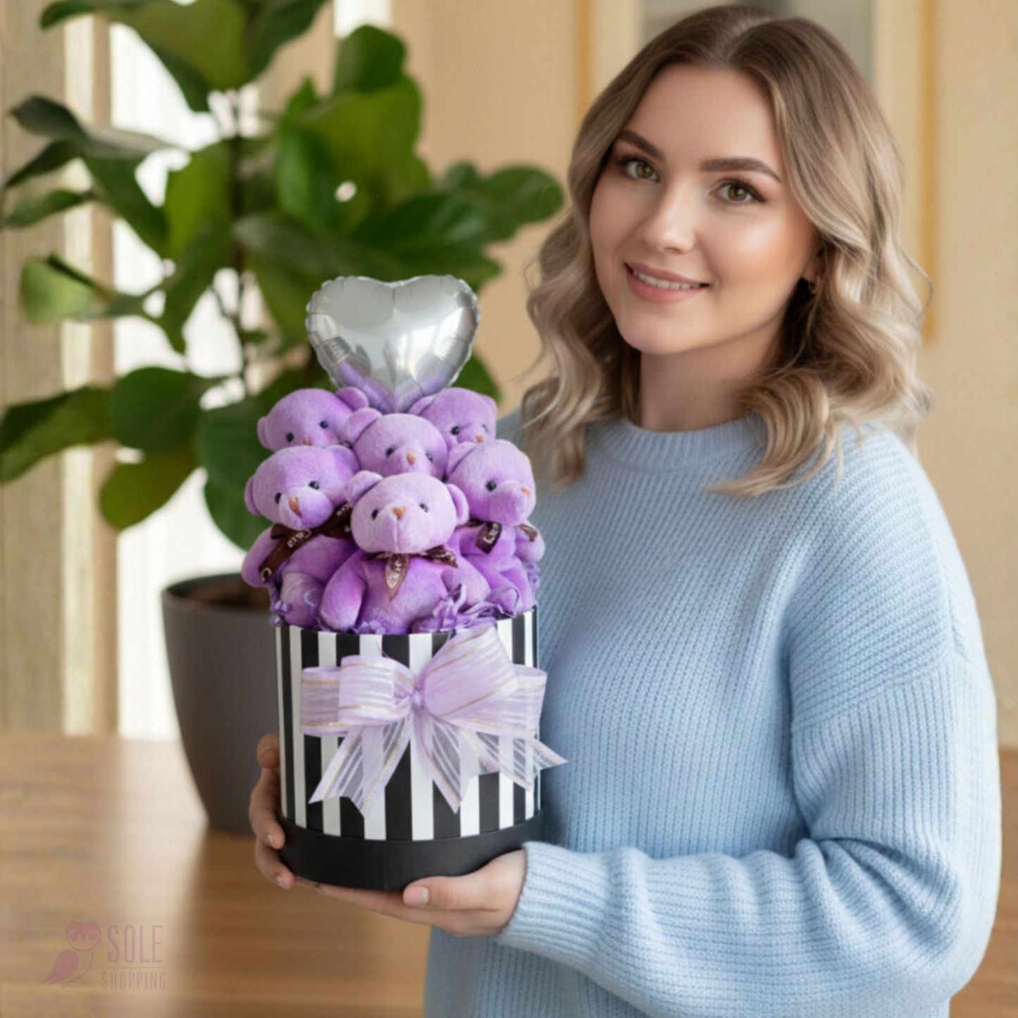 Premium Hediye Kalpli Balonlu 6’lı Mor Ayıcık Buketi