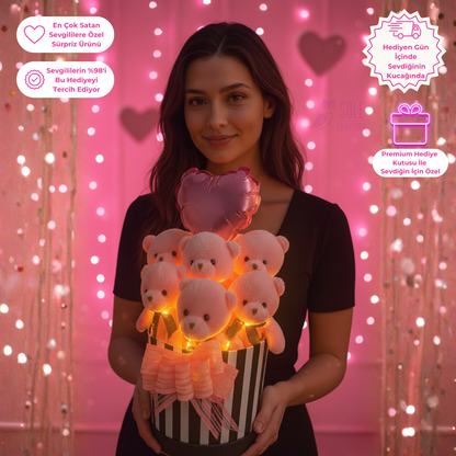 Premium Hediye LED Işıklı Kalpli Balonlu 6’lı Pembe Ayıcık Buketi
