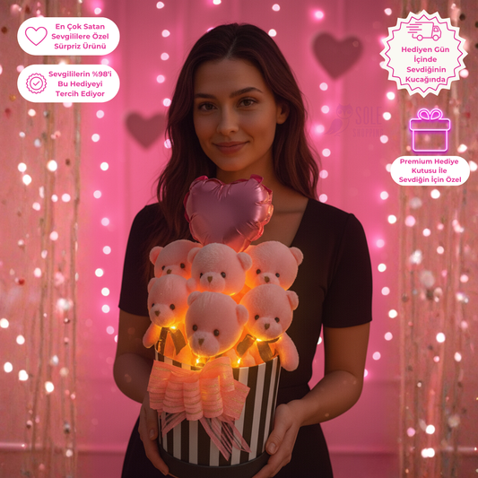 Premium Hediye LED Işıklı Kalpli Balonlu 6’lı Pembe Ayıcık Buketi