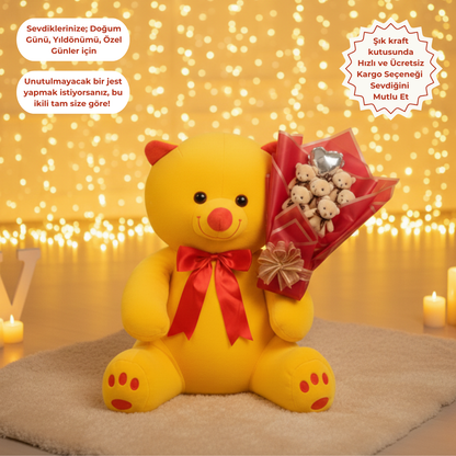 Premium 80 cm Peluş Ayı ve Romantik Balonlu Sütlü Kahve Peluş Ayıcık Buketi