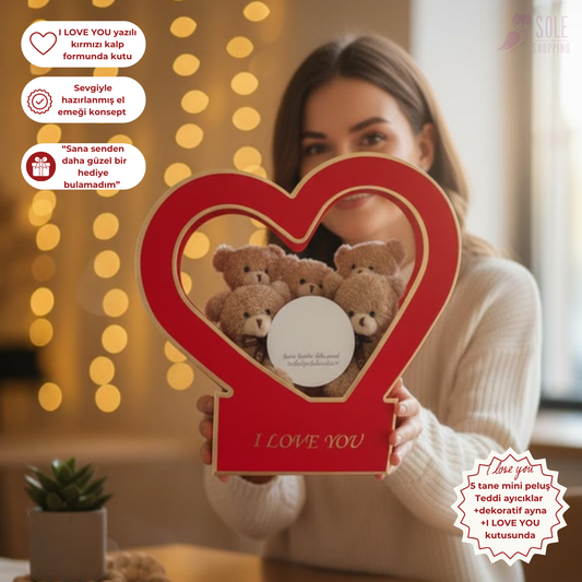 Özel Kalpli Kutuda Romantik Mesajlı Aynası ile Boz 5'li Peluş Ayıcık BuKeti