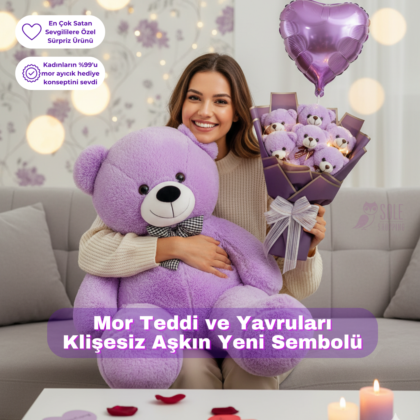 100 TEDDİ Peluş Ayı ve Premium Yumoş MOR Peluş Ayıcık Buketi