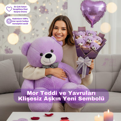 100 TEDDİ Peluş Ayı ve Premium Yumoş MOR Peluş Ayıcık Buketi