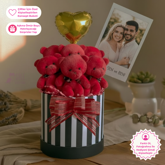 Kişiye ÖZEL Fotoğraflı ve Mesajlı Premium Hediye Kalp Balonlu Kırmızı Ayıcık Buketi
