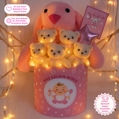 Hoşgeldin Bebek Pembe Tavşan LED'li Ayıcık Buketi Yenidoğan Babyshower ÖZEL