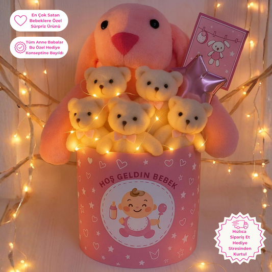 Hoşgeldin Bebek Pembe Tavşan LED'li Ayıcık Buketi Yenidoğan Babyshower ÖZEL
