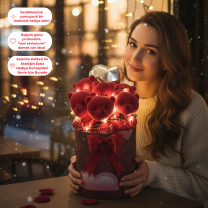 Premium Özel Kalpli Kutuda Balonlu LED Işıklı 6’lı Kırmızı Ayıcık Buketi