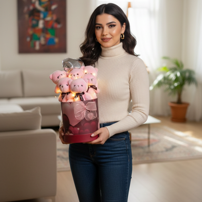 Premium Silindir Kalpli Kırmızı Kutusunda, Kalpli Balonlu LED Işıklı 6’lı Pembe Ayıcık Buketi