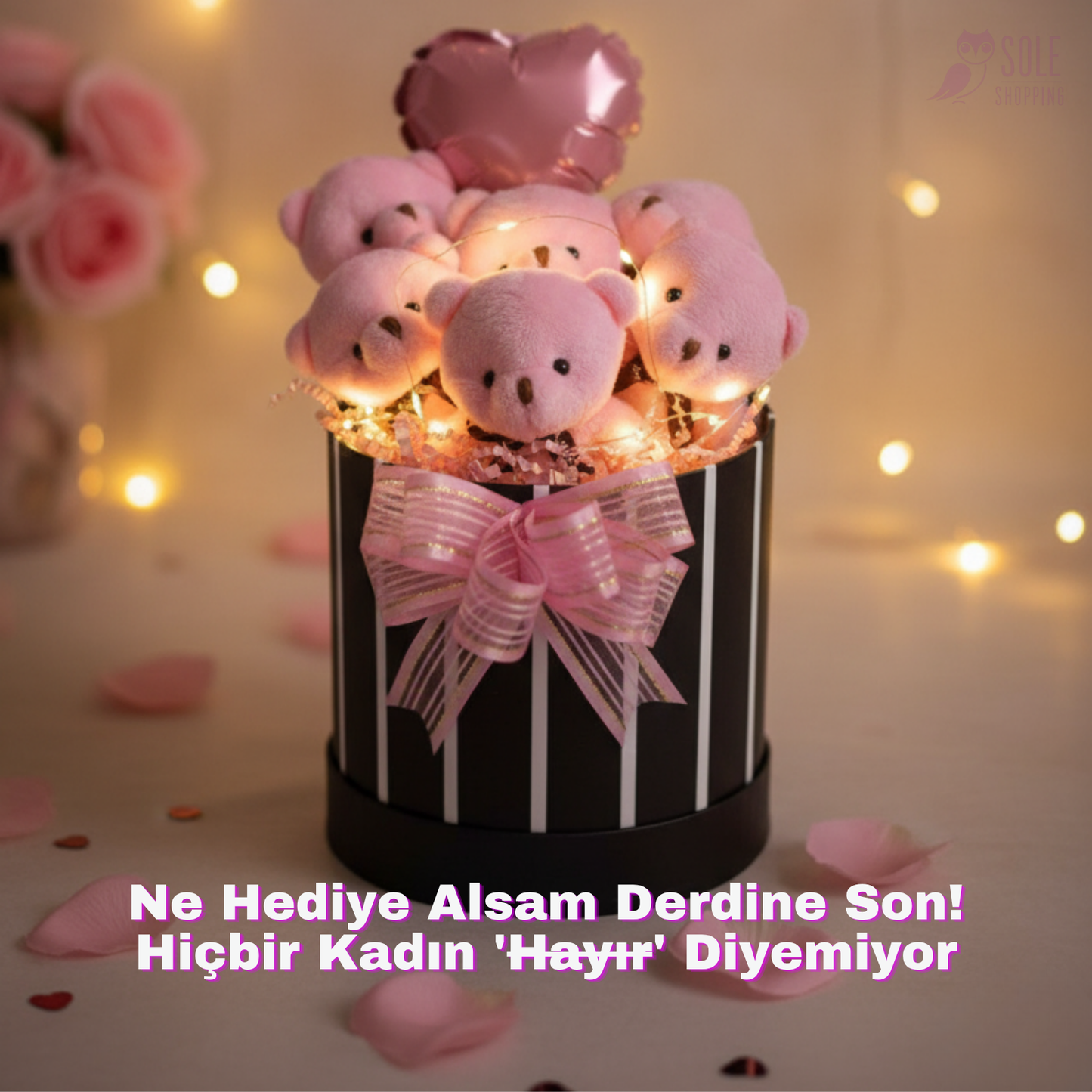 Premium Hediye LED Işıklı Kalpli Balonlu 6’lı Pembe Ayıcık Buketi