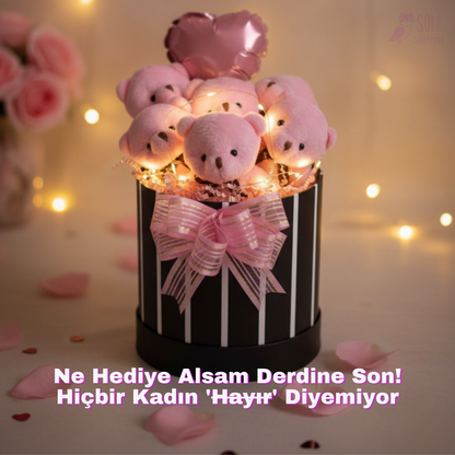 Premium Hediye LED Işıklı Kalpli Balonlu 6’lı Pembe Ayıcık Buketi