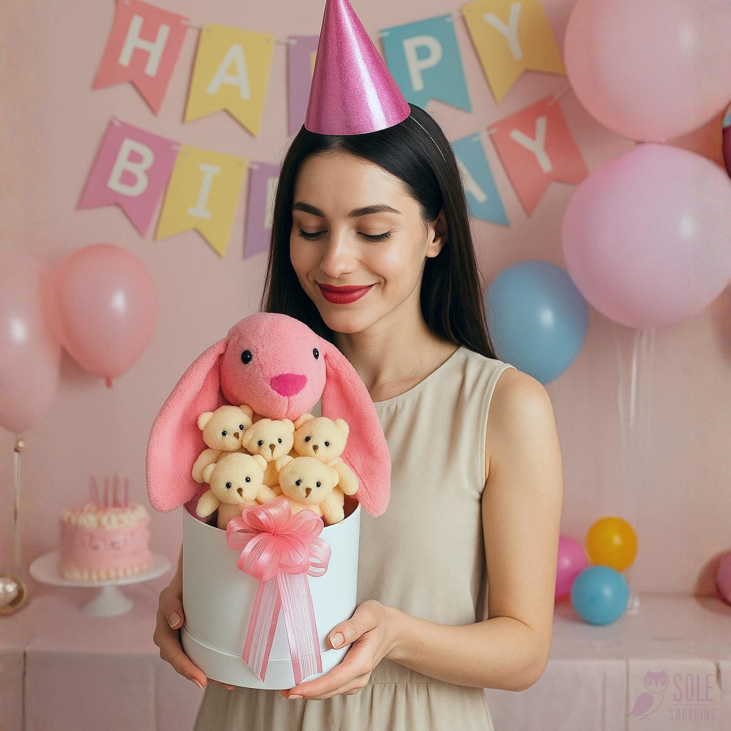 45 cm Pembe Bunny Tavşan ve 5 Adet Krem Peluş Ayıcık Buketi