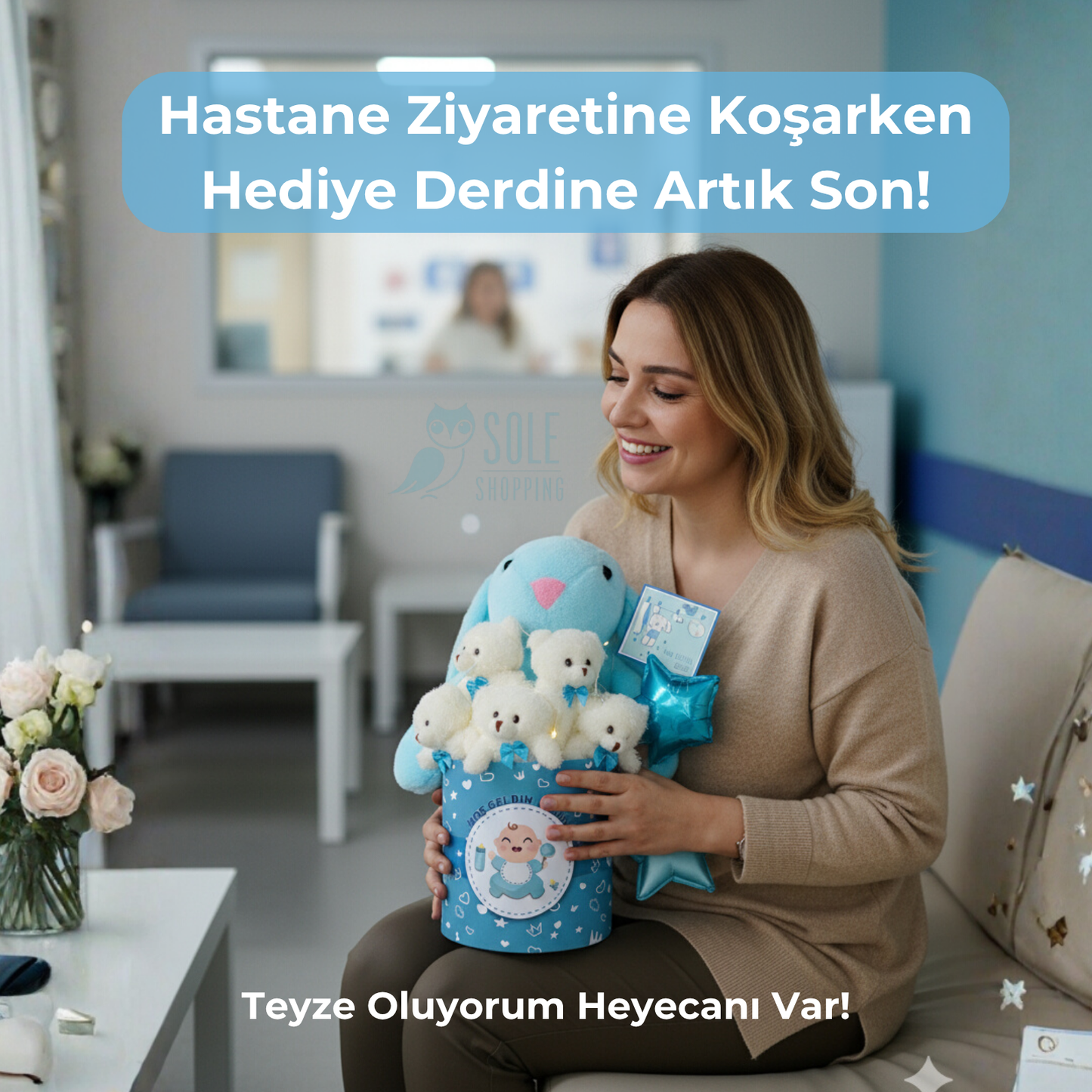 Hoşgeldin Bebek Mavi Tavşan LED'li Ayıcık Buketi Yenidoğan Babyshower ÖZEL