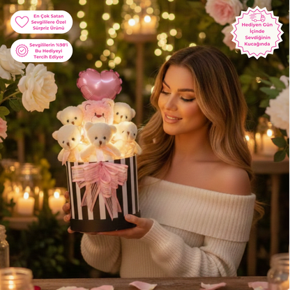 Premium Hediye LED Işıklı Kalpli Balonlu 6’lı Pembe Ayıcık Buketi
