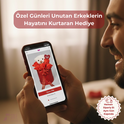 Premium Kutulu Hediye Seviyorum Seni Beyaz Kırmızı Peluş Ayıcık Buketi