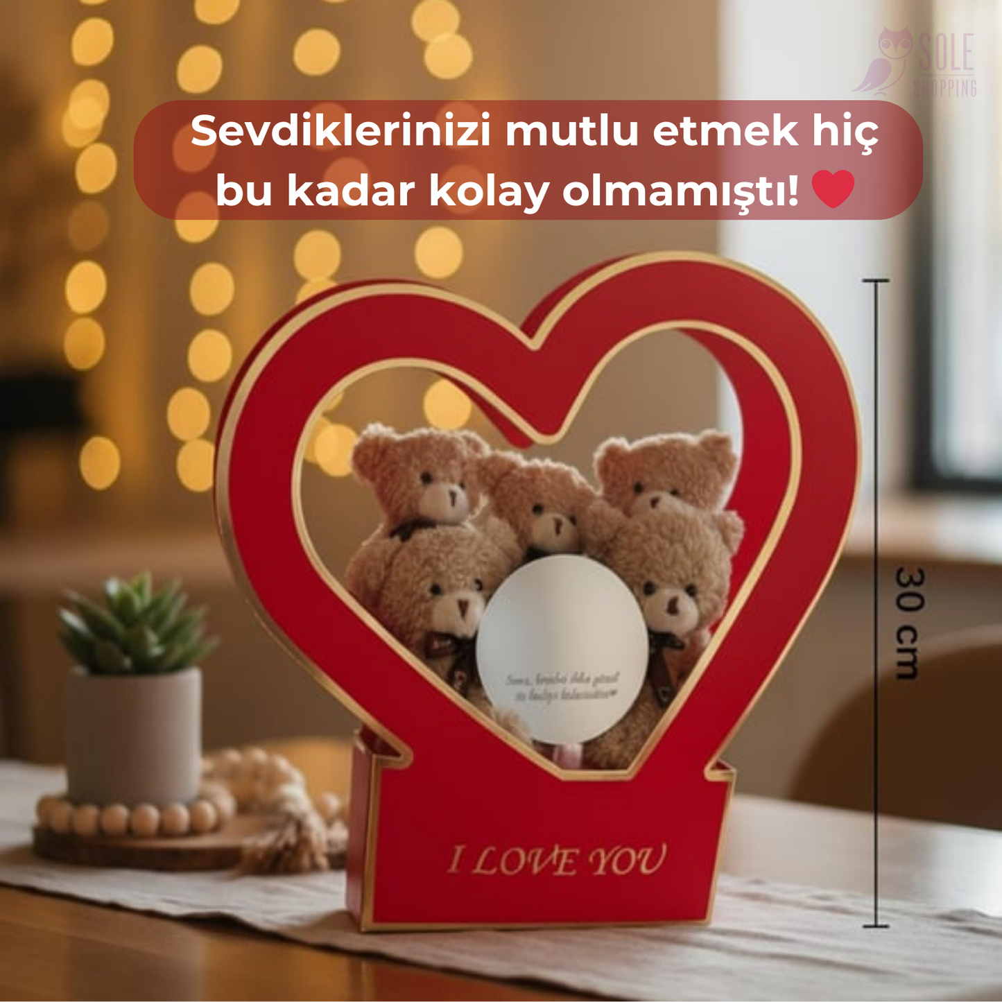 Özel Kalpli Kutuda Romantik Mesajlı Aynası ile Boz 5'li Peluş Ayıcık BuKeti