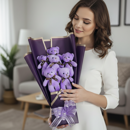 Premium 6 Yumoş Mor Peluş Ayıcık Buketi