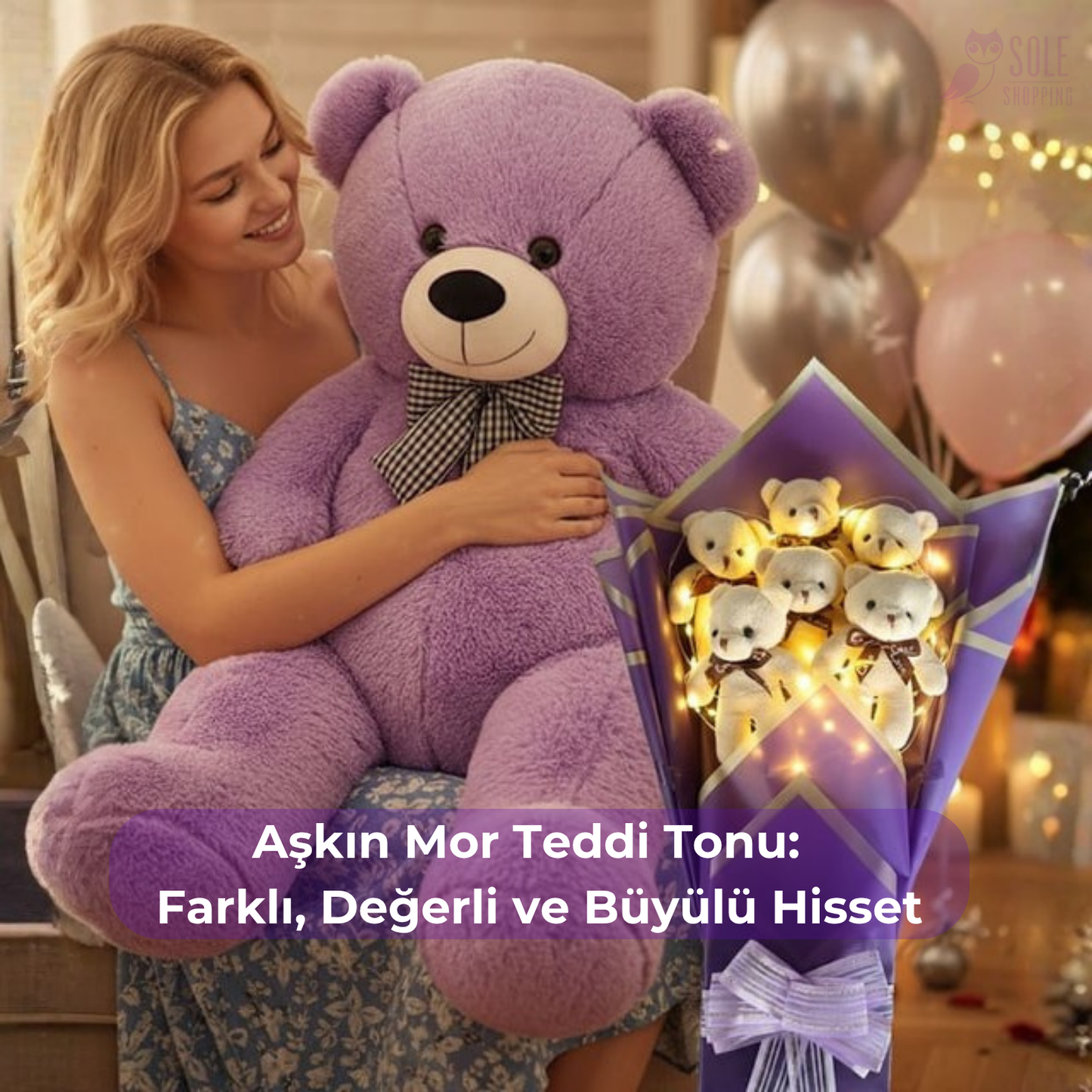 100 TEDDİ Peluş Ayı ve Premium Yumoş MOR Peluş Ayıcık Buketi
