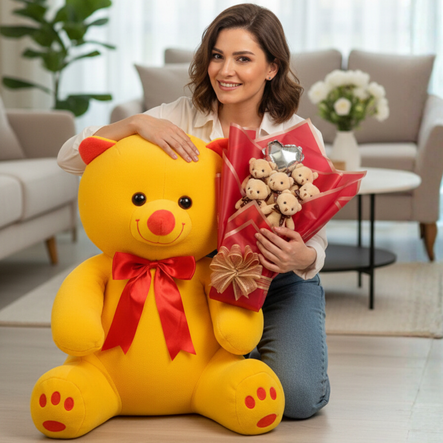 Premium 80 cm Peluş Ayı ve Romantik Balonlu Sütlü Kahve Peluş Ayıcık Buketi