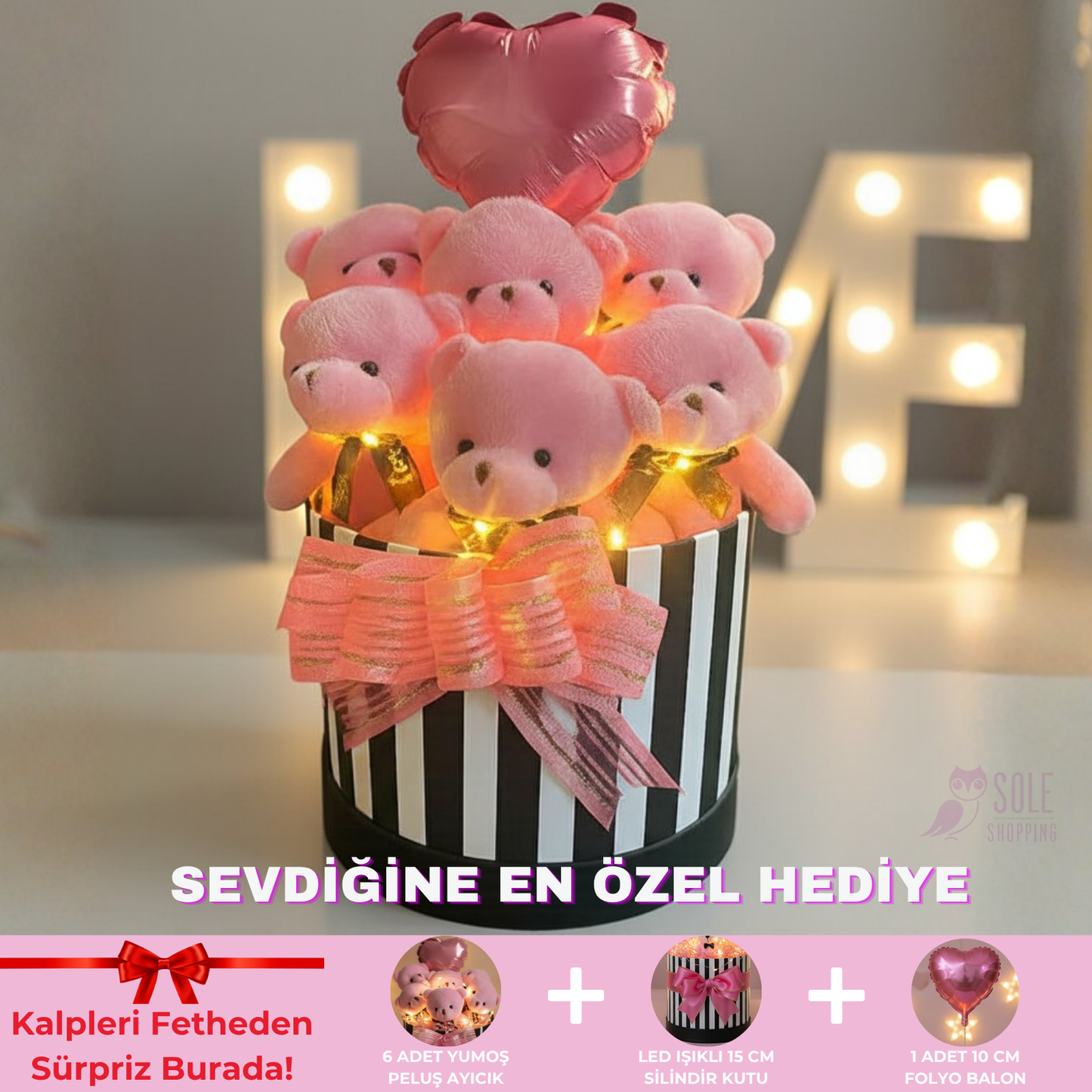 Premium Hediye LED Işıklı Kalpli Balonlu 6’lı Pembe Ayıcık Buketi