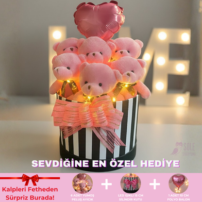 Premium Hediye LED Işıklı Kalpli Balonlu 6’lı Pembe Ayıcık Buketi