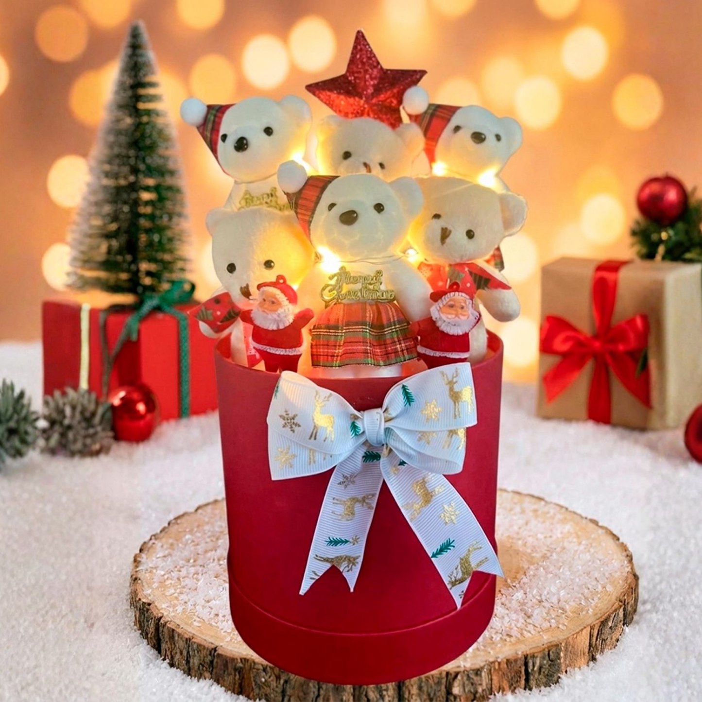 Yeniyıl Premium Yılbaşı Temalı Işıklı Yıldızlı Noel Babalı Özel Konsept Ayıcık Buketi