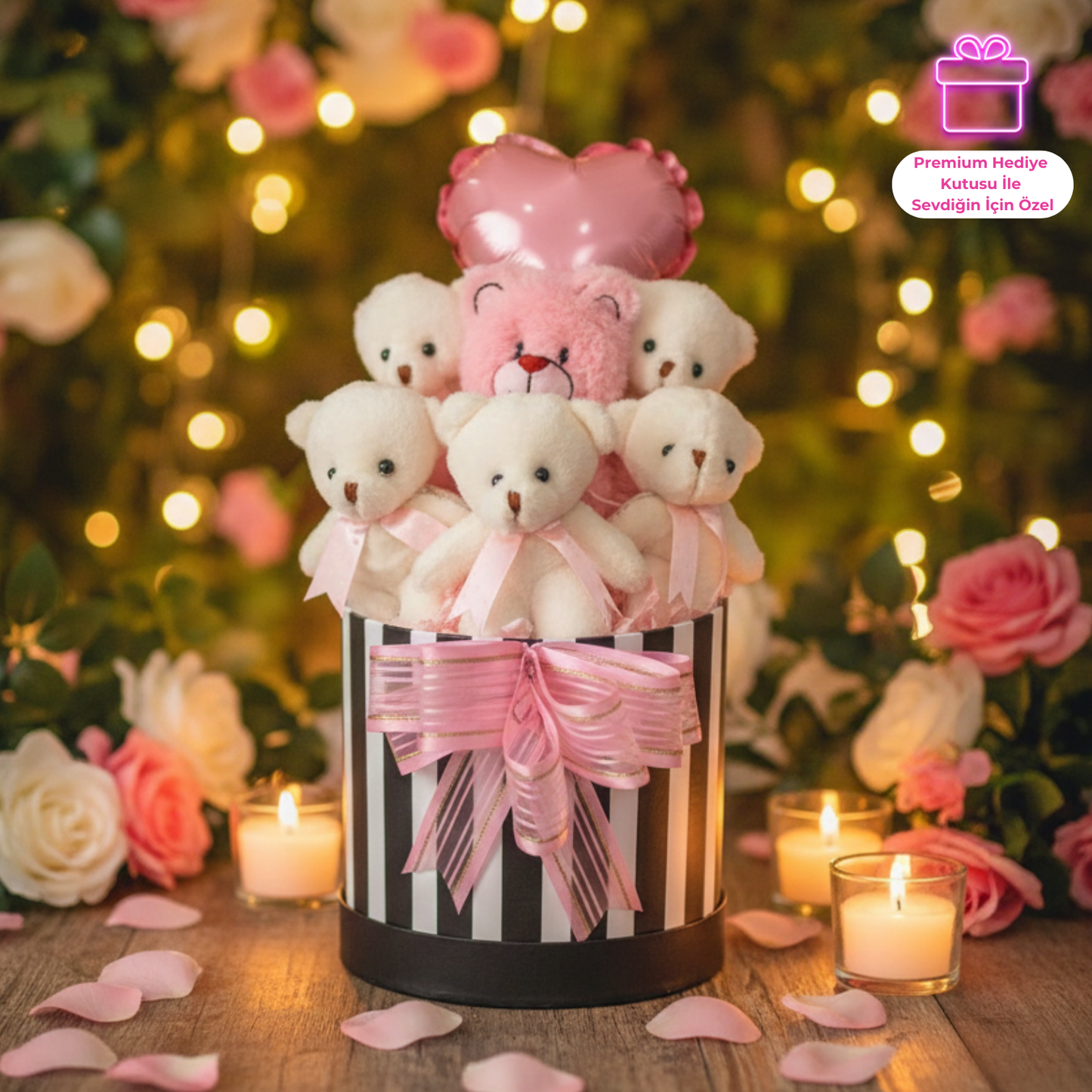 Premium Hediye LED Işıklı Kalpli Balonlu 6’lı Pembe Ayıcık Buketi