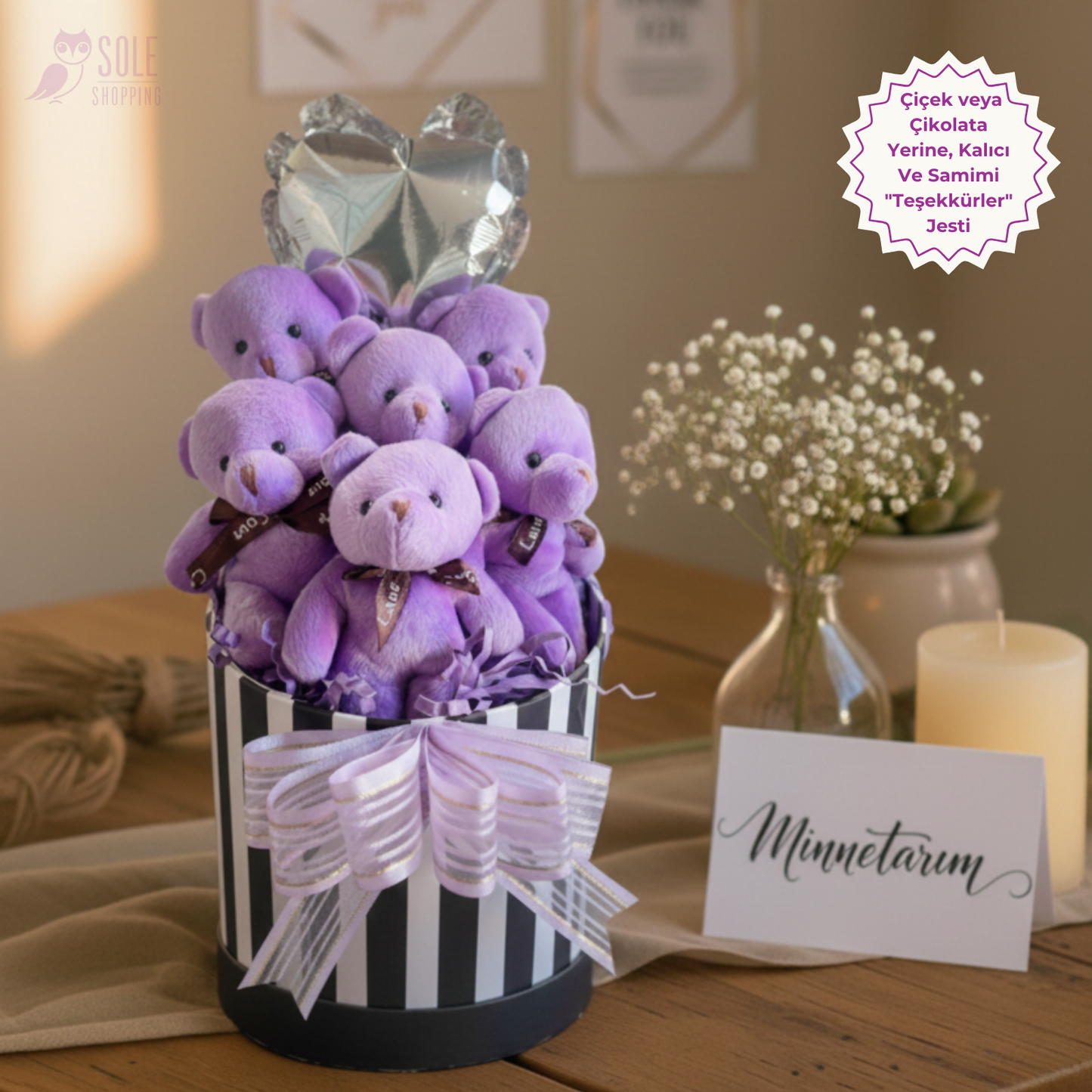 Premium Hediye Kalpli Balonlu 6’lı Mor Ayıcık Buketi