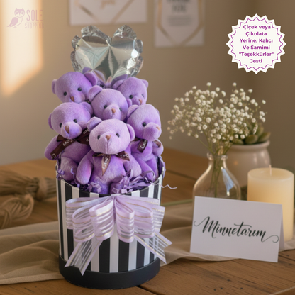 Premium Hediye Kalpli Balonlu 6’lı Mor Ayıcık Buketi