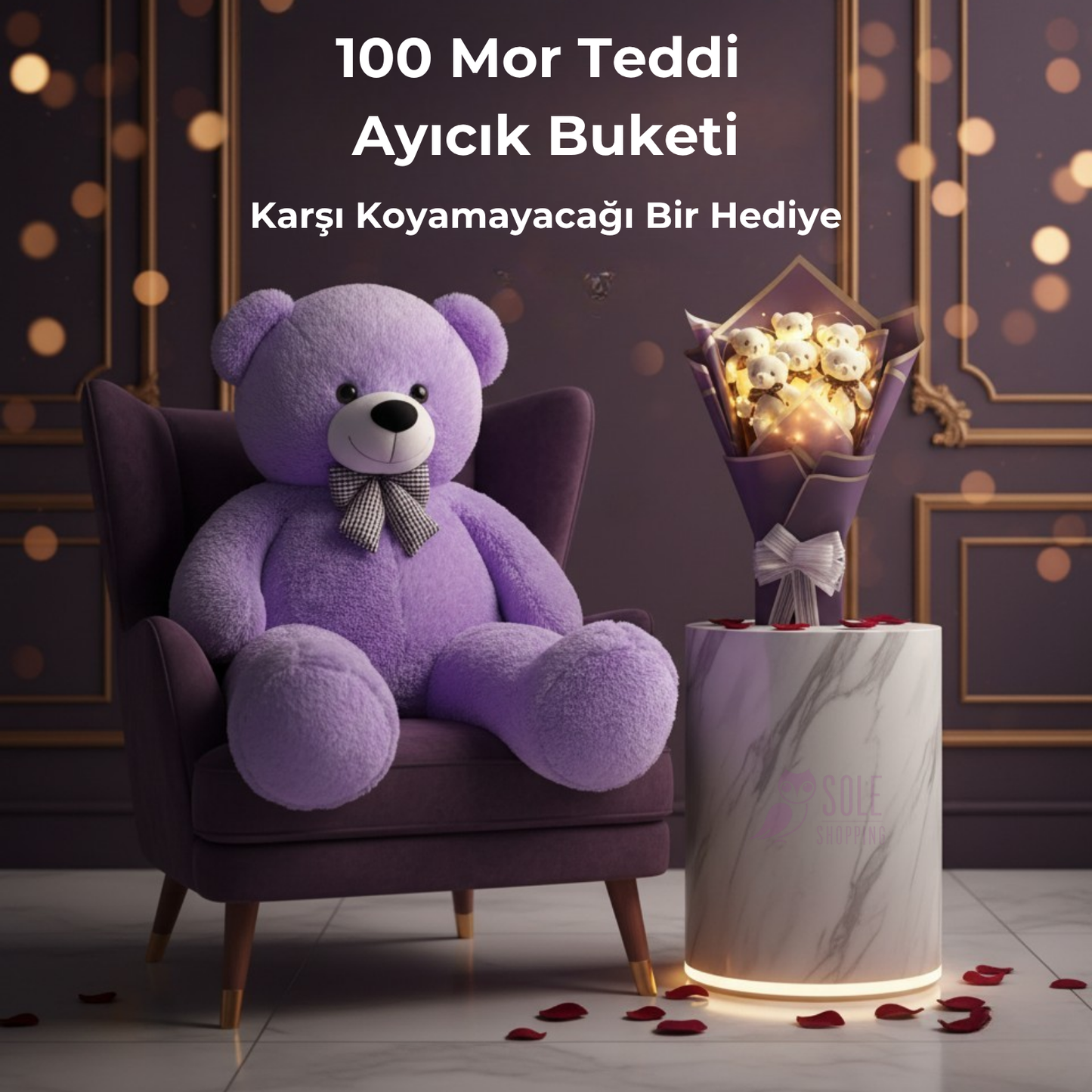 100 TEDDİ Peluş Ayı ve Premium Yumoş MOR Peluş Ayıcık Buketi