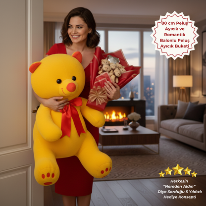 Premium 80 cm Peluş Ayı ve Romantik Balonlu Sütlü Kahve Peluş Ayıcık Buketi