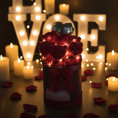 Premium Özel Kalpli Kutuda Balonlu LED Işıklı 6’lı Kırmızı Ayıcık Buketi