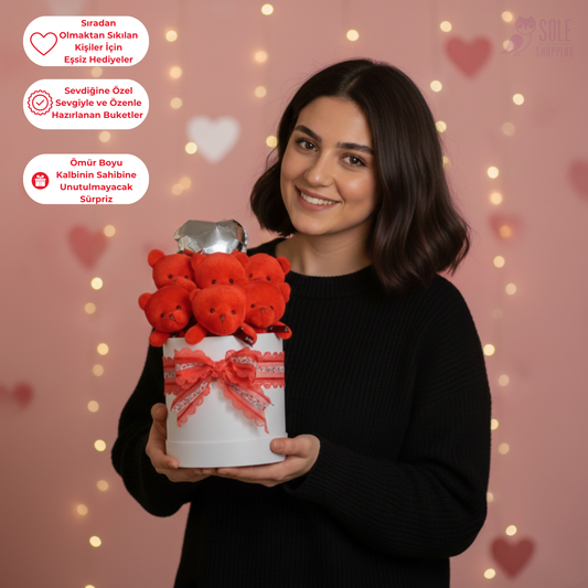 Premium Silindir Hediye Kutusunda, Kalpli Balonlu 6’lı Kırmızı Ayıcık Buketi