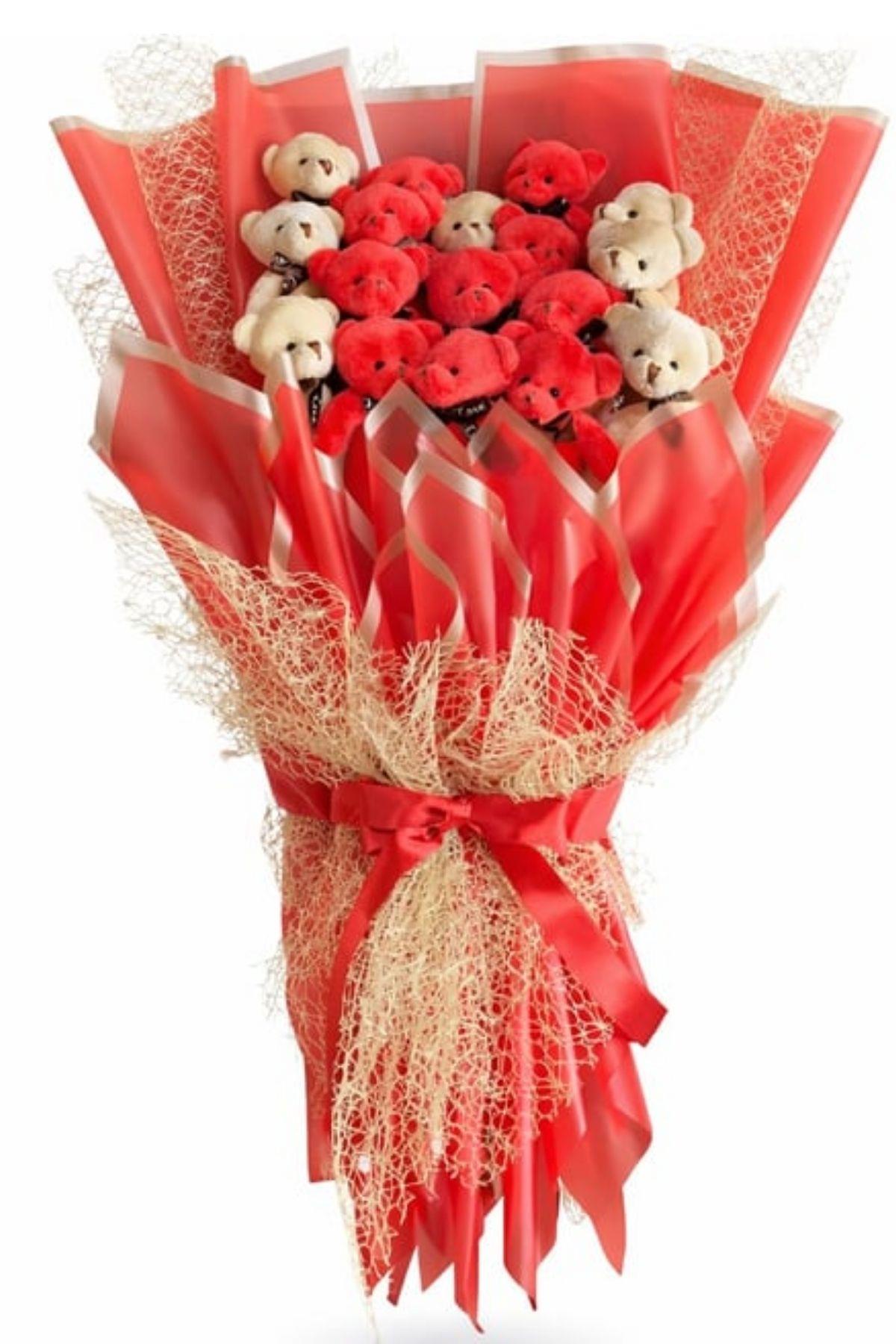 60 Cm Deluxe Kırmızı Özel Tasarım Ayıcık Buketi Büyük 17'li Peluş Ayı Buketi