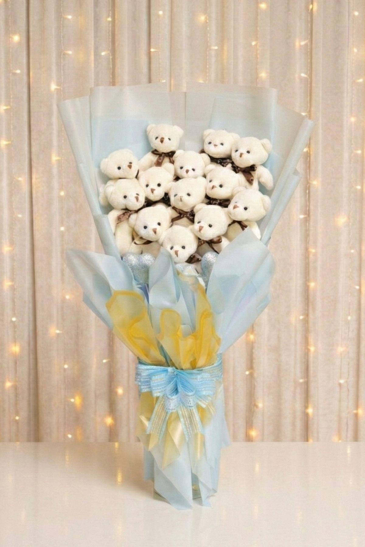 60 Cm Deluxe Mavi Ayıcık Buketi Gümüş Kalpli Büyük Beyaz 13'lü Peluş Ayı Buketi