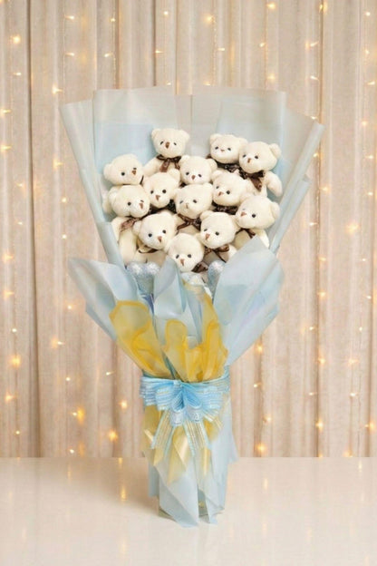 60 Cm Deluxe Mavi Ayıcık Buketi Gümüş Kalpli Büyük Beyaz 13'lü Peluş Ayı Buketi