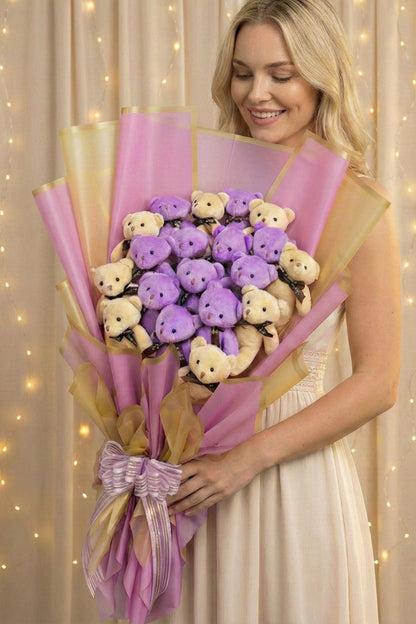 65 Cm Deluxe Ayıcık Buketi Sevgiliye Büyük Lila Krem 19 Ayılı Peluş Ayı Buketi