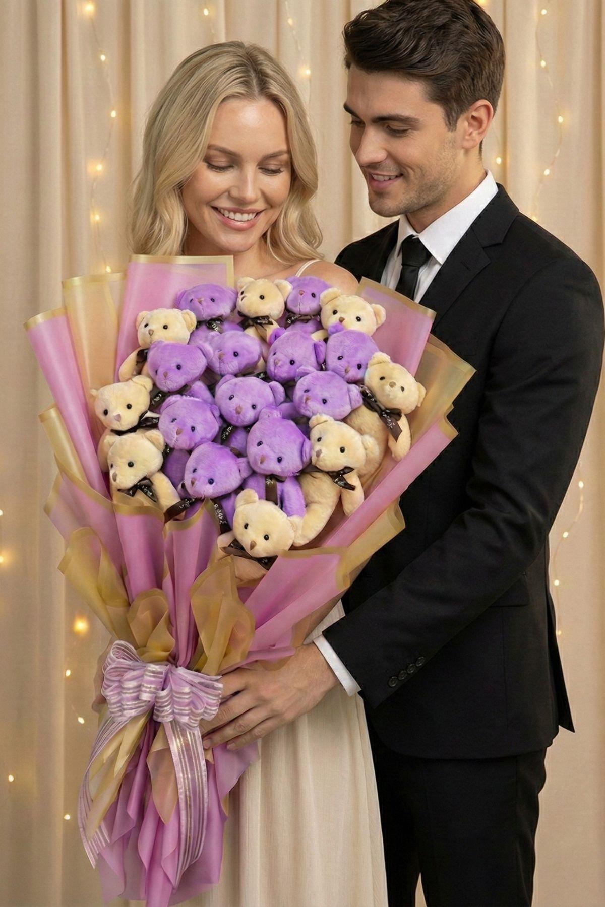 65 Cm Deluxe Ayıcık Buketi Sevgiliye Büyük Lila Krem 19 Ayılı Peluş Ayı Buketi