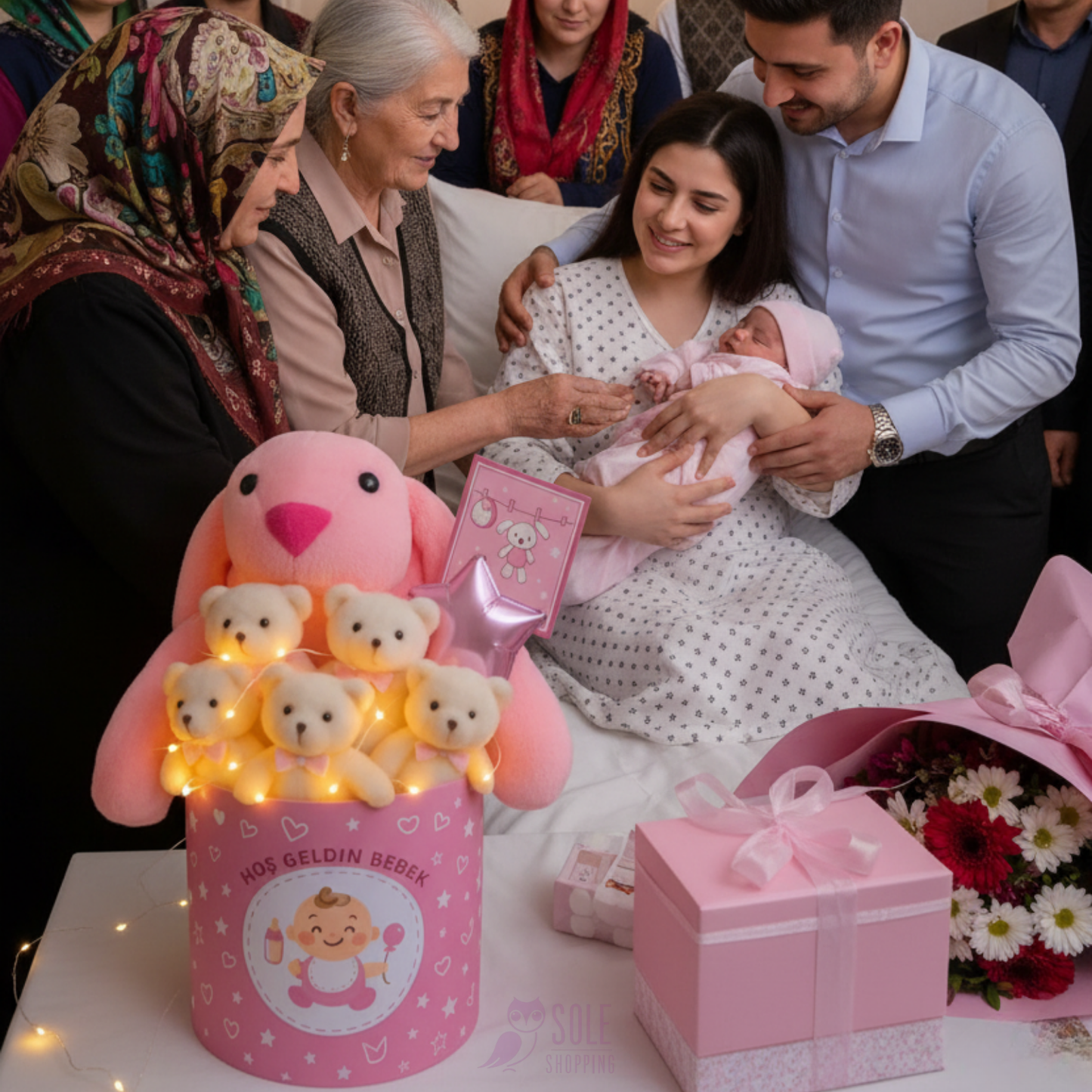 Hoşgeldin Bebek Pembe Tavşan LED'li Ayıcık Buketi Yenidoğan Babyshower ÖZEL