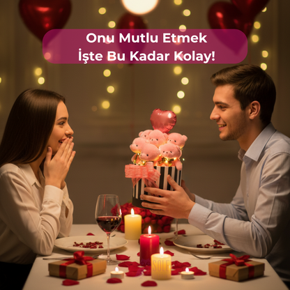 Premium Hediye LED Işıklı Kalpli Balonlu 6’lı Pembe Ayıcık Buketi