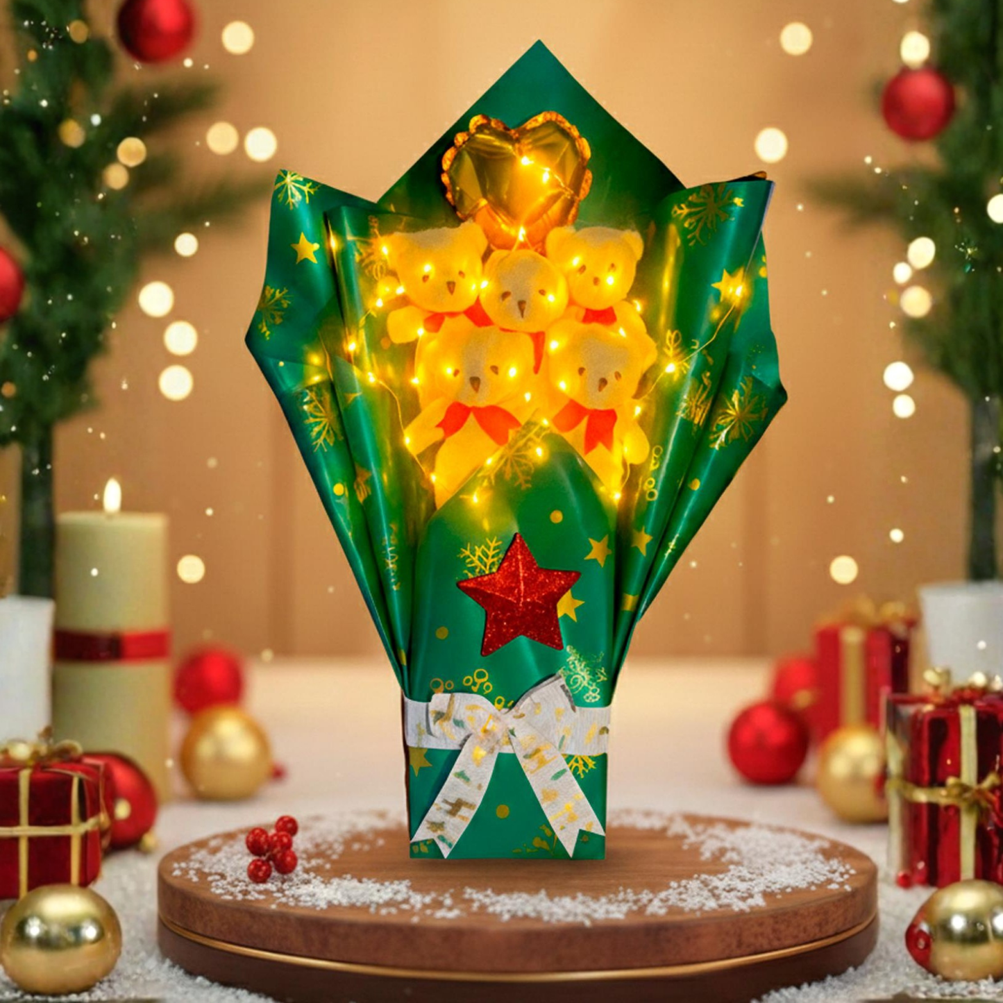 Yeniyıl Yılbaşı Işıklı Romantik Beyaz Ayıcıklı Yeşil Kırmızı Buket