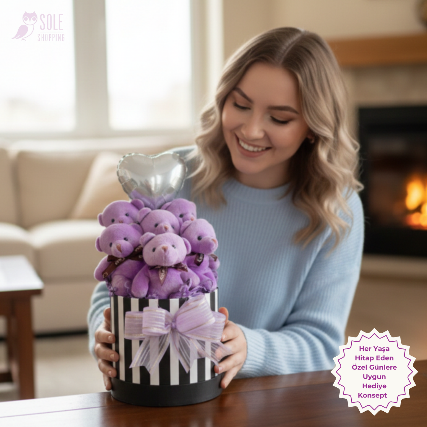 Premium Hediye Kalpli Balonlu 6’lı Mor Ayıcık Buketi