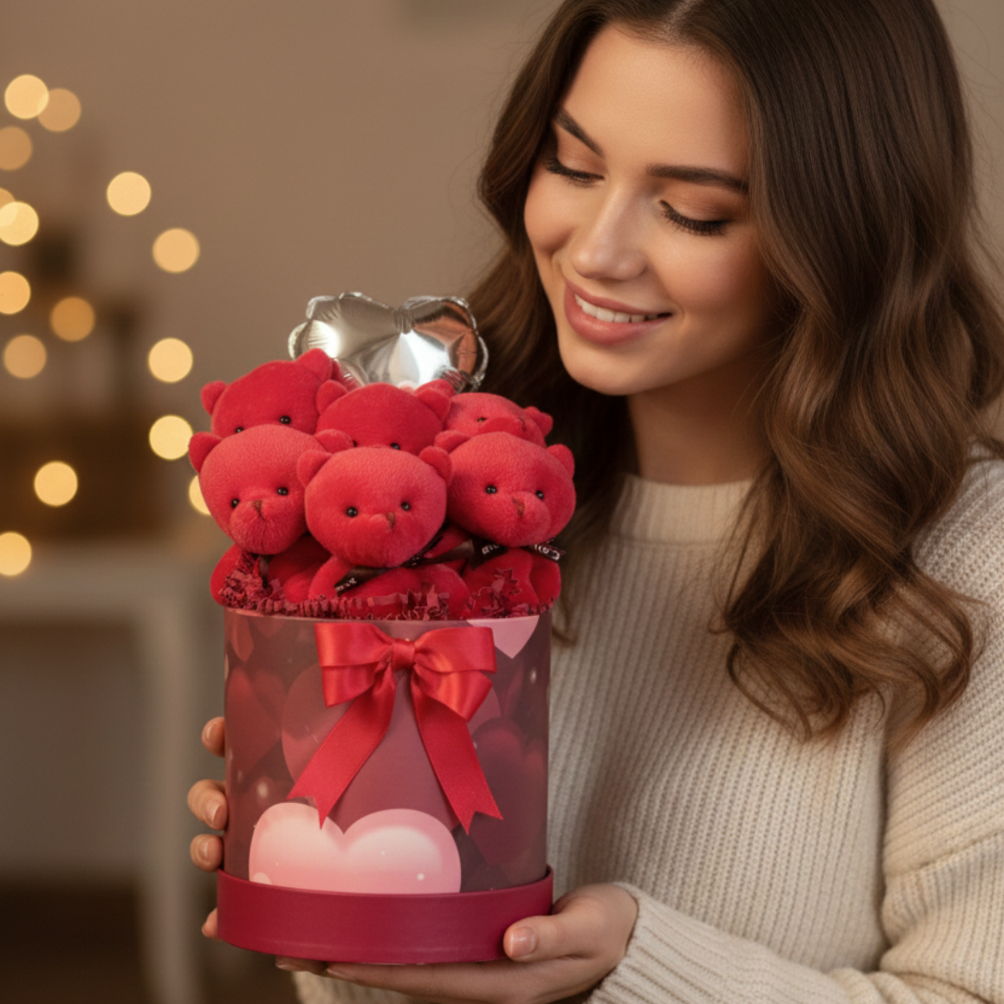 Premium Özel Kalpli Kutuda Balonlu LED Işıklı 6’lı Kırmızı Ayıcık Buketi