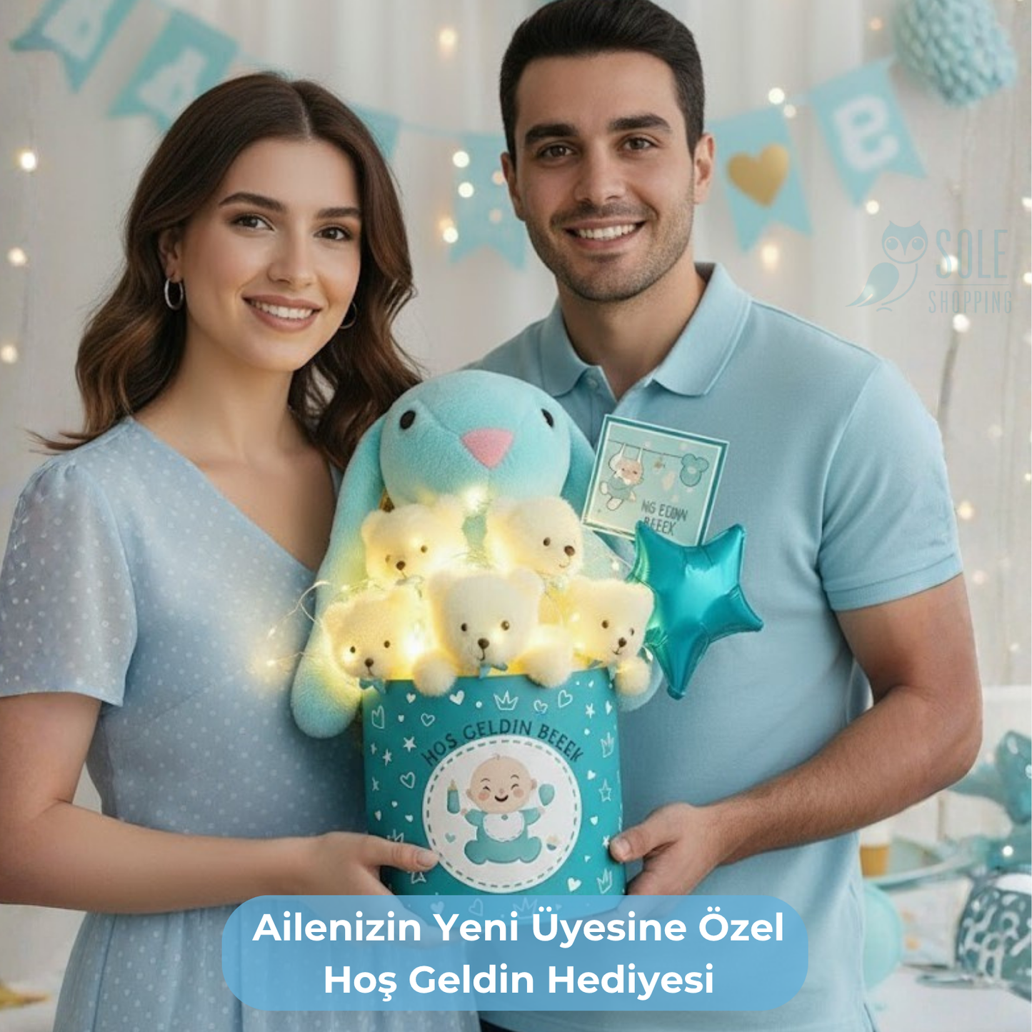 Hoşgeldin Bebek Mavi Tavşan LED'li Ayıcık Buketi Yenidoğan Babyshower ÖZEL
