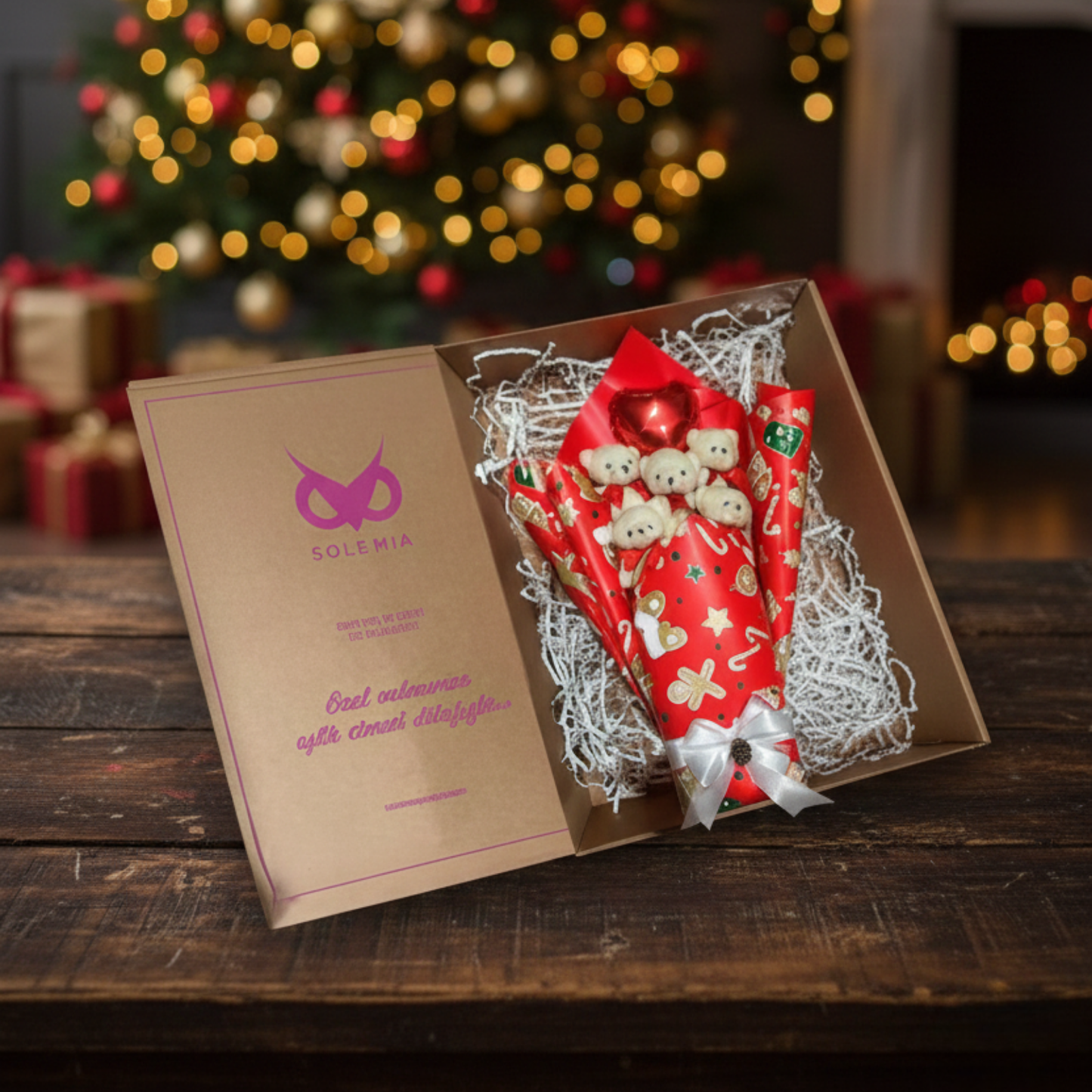 Premium Özel Yeniyıl - Yılbaşı Konsepti  Romantik Kırmızı - Beyaz Peluş Ayıcık Buketi-Sevdiklerinize Özel...