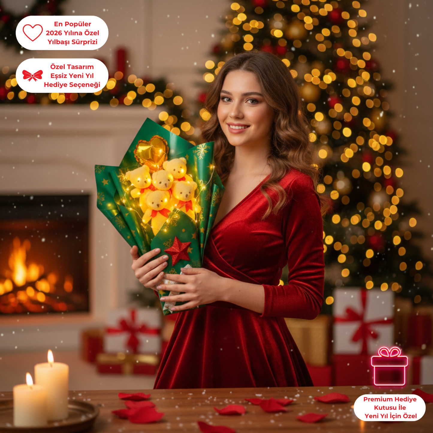 Yeniyıl Yılbaşı Işıklı Romantik Beyaz Ayıcıklı Yeşil Kırmızı Buket