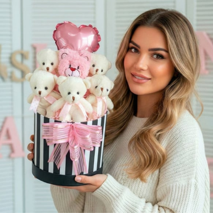 Premium Hediye LED Işıklı Kalpli Balonlu 6’lı Pembe Ayıcık Buketi