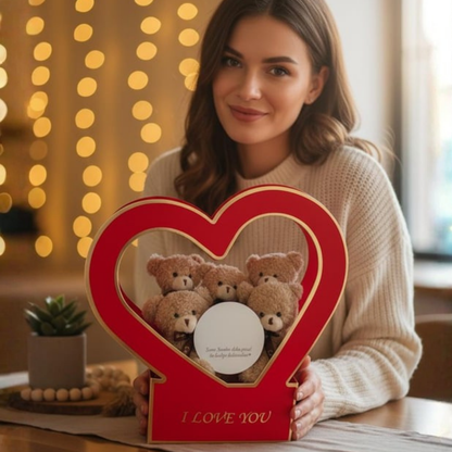 Özel Kalpli Kutuda Romantik Mesajlı Aynası ile Boz 5'li Peluş Ayıcık BuKeti