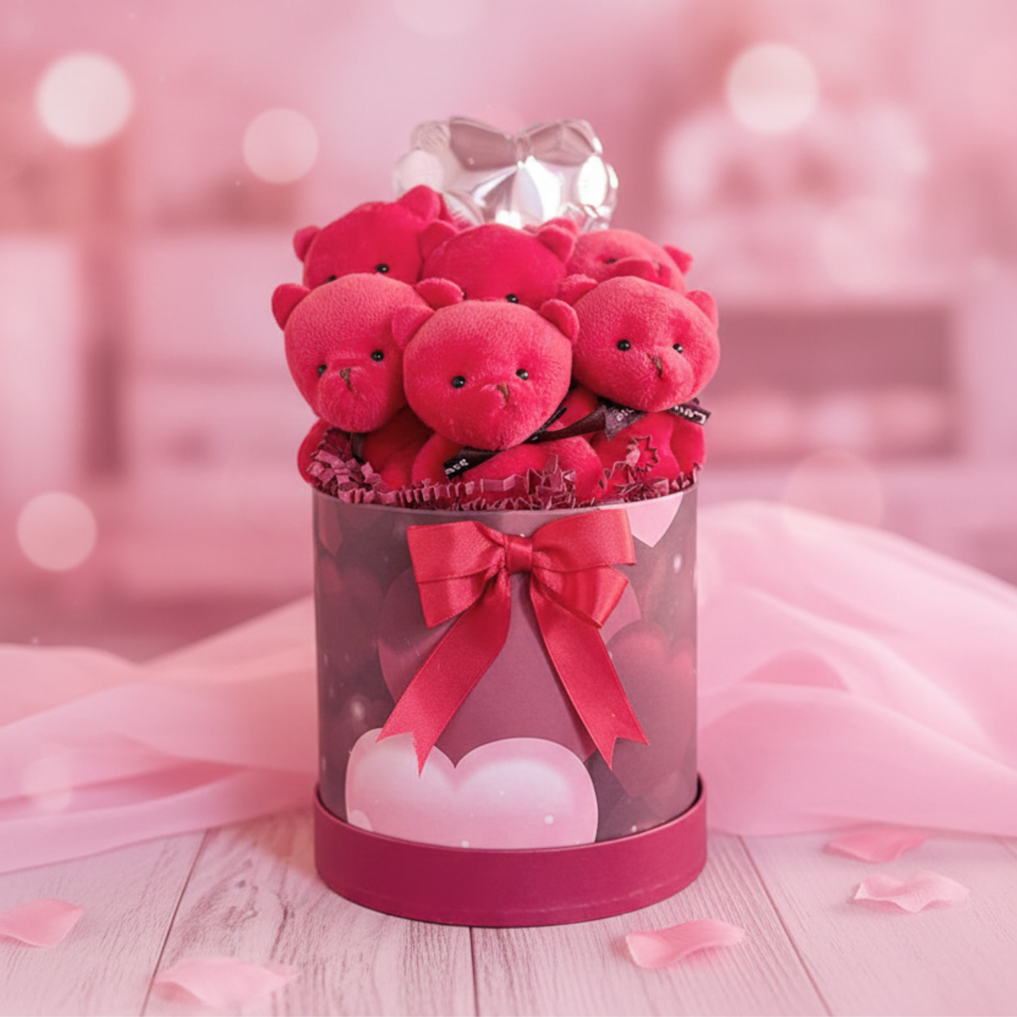 Premium Özel Kalpli Kutuda Balonlu LED Işıklı 6’lı Kırmızı Ayıcık Buketi
